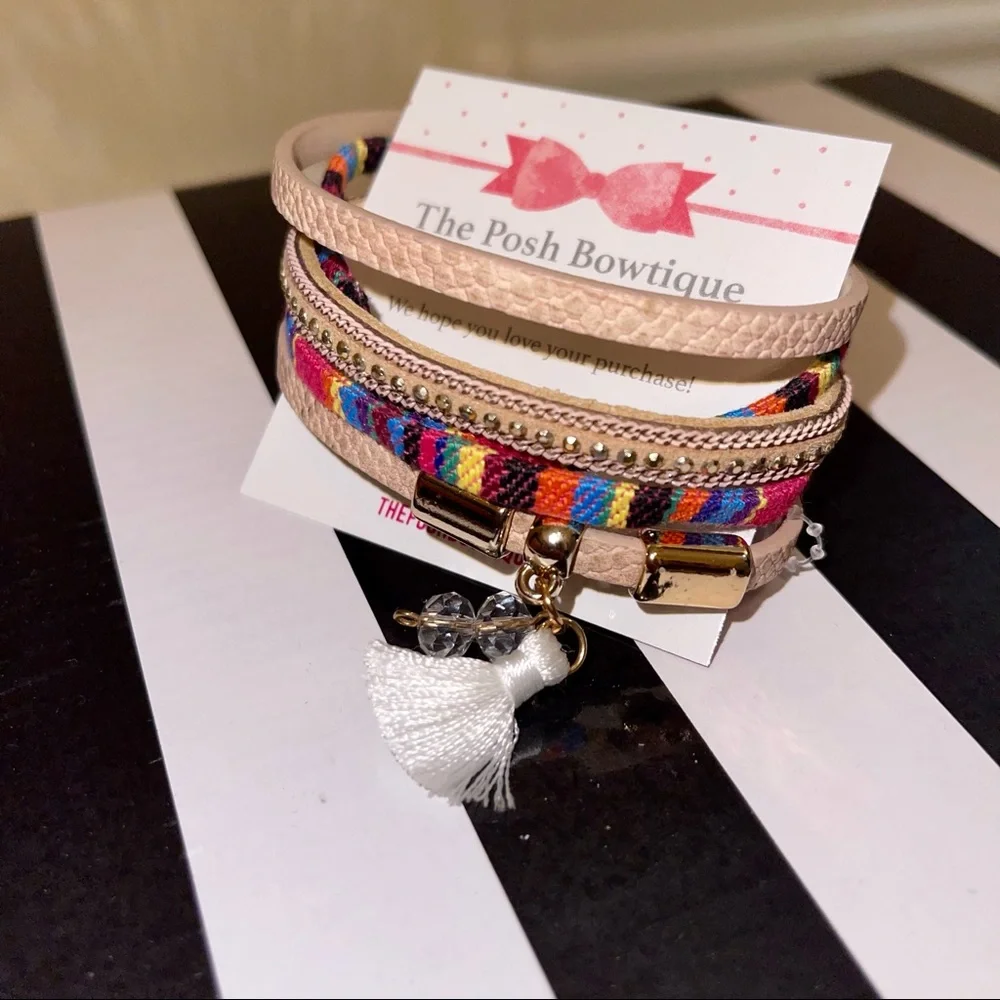 Bright Multicolor Boho Threaded Tassel Faux Leather Magnetic Wrap Bracelet